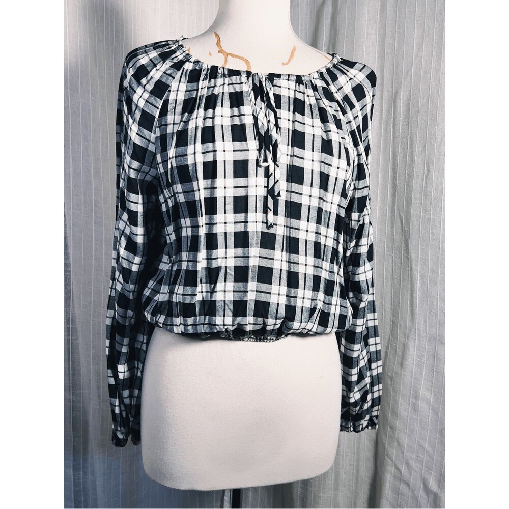 Boutique Blouse Modern Size S Black Checkered Coastal Grandmother Blouse